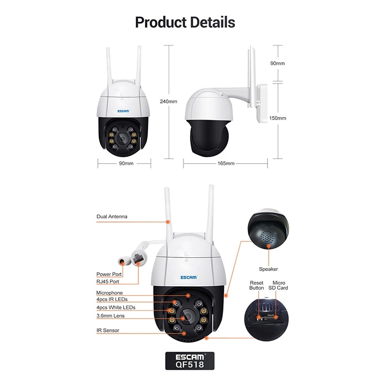 ESCAM QF518 5MP Smart WiFi IP Camera, Support AI Humanoid Detection / Auto Tracking / Dual Light Night Vision / Cloud Storage / Two Way Audio / TF Card, EU Plug, US Plug, UK Plug, AU Plug ESCAM QF518 5MP Smart WiFi IP Camera, Support AI Humanoid Detection / Auto Tracking / Dual Light Night Vision / Cloud Storage / Two Way Audio / TF Card, EU Plug, US Plug, UK Plug, AU Plug